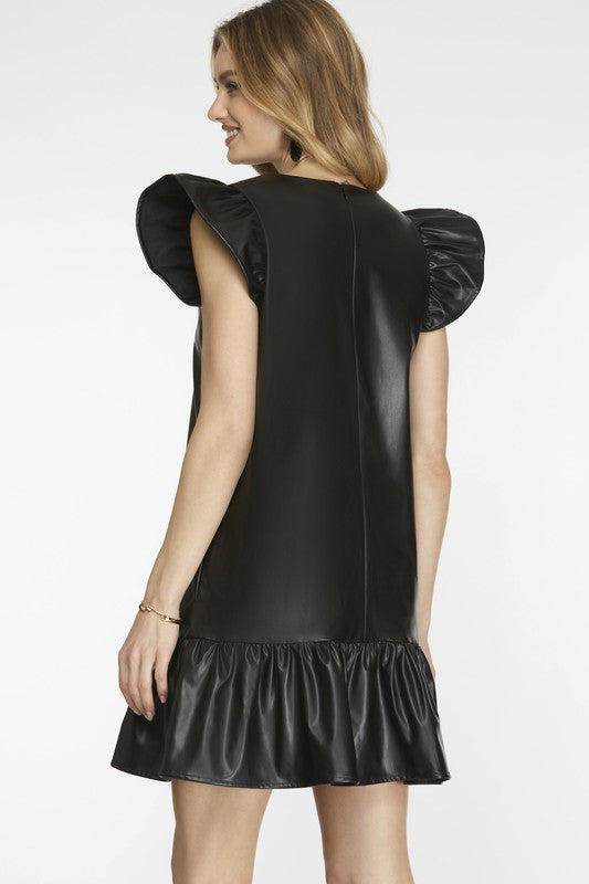 Black Faux Leather Ruffle Sleeve Mini Dress