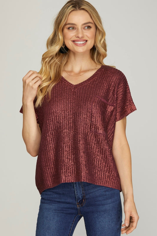 Burgundy V-Neck Metallic Top