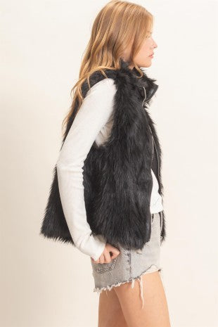 Faux Fur Zip-up Outerwear Vest- Black