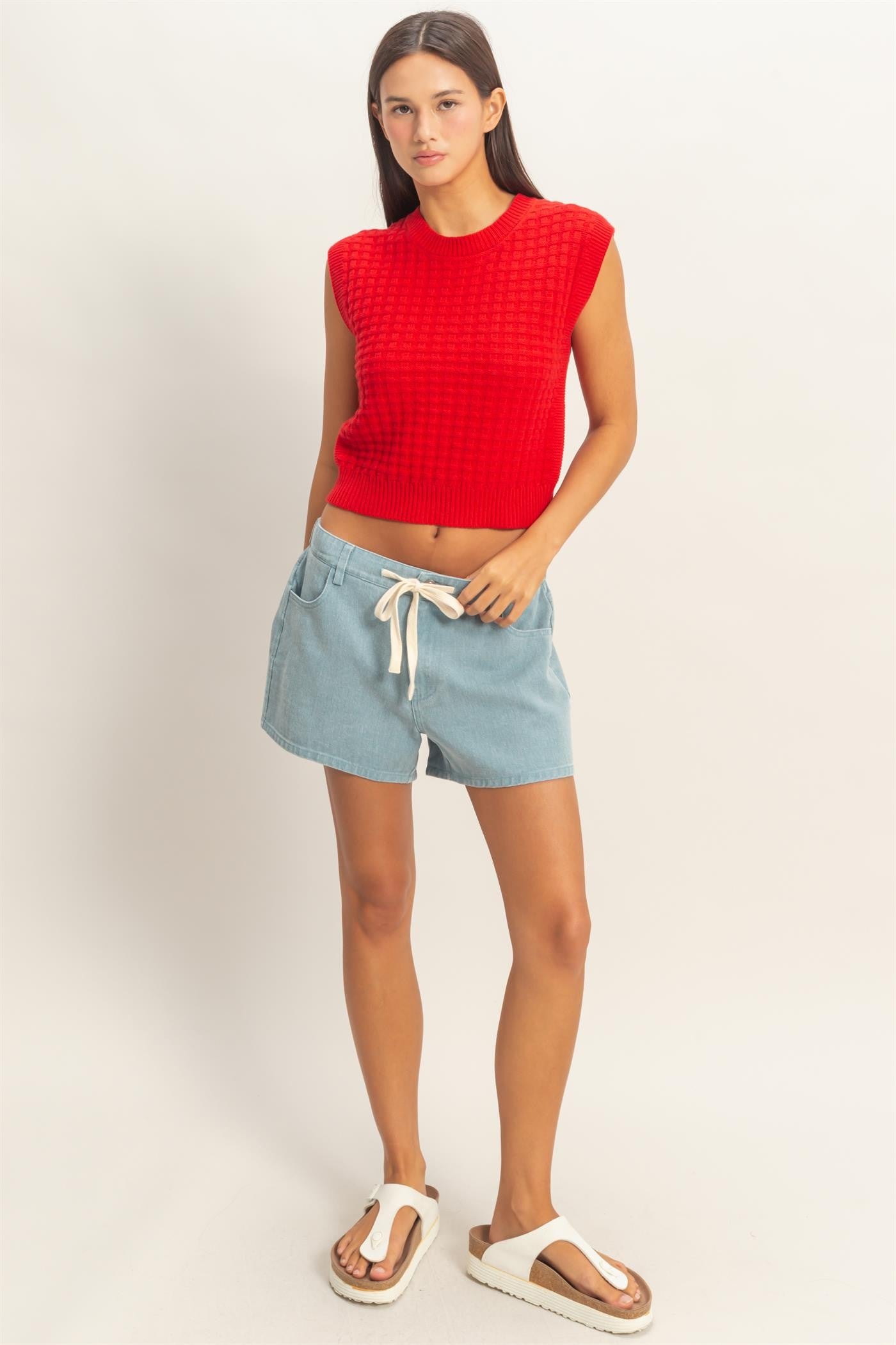 Red Textured Sleeveless Knit Top