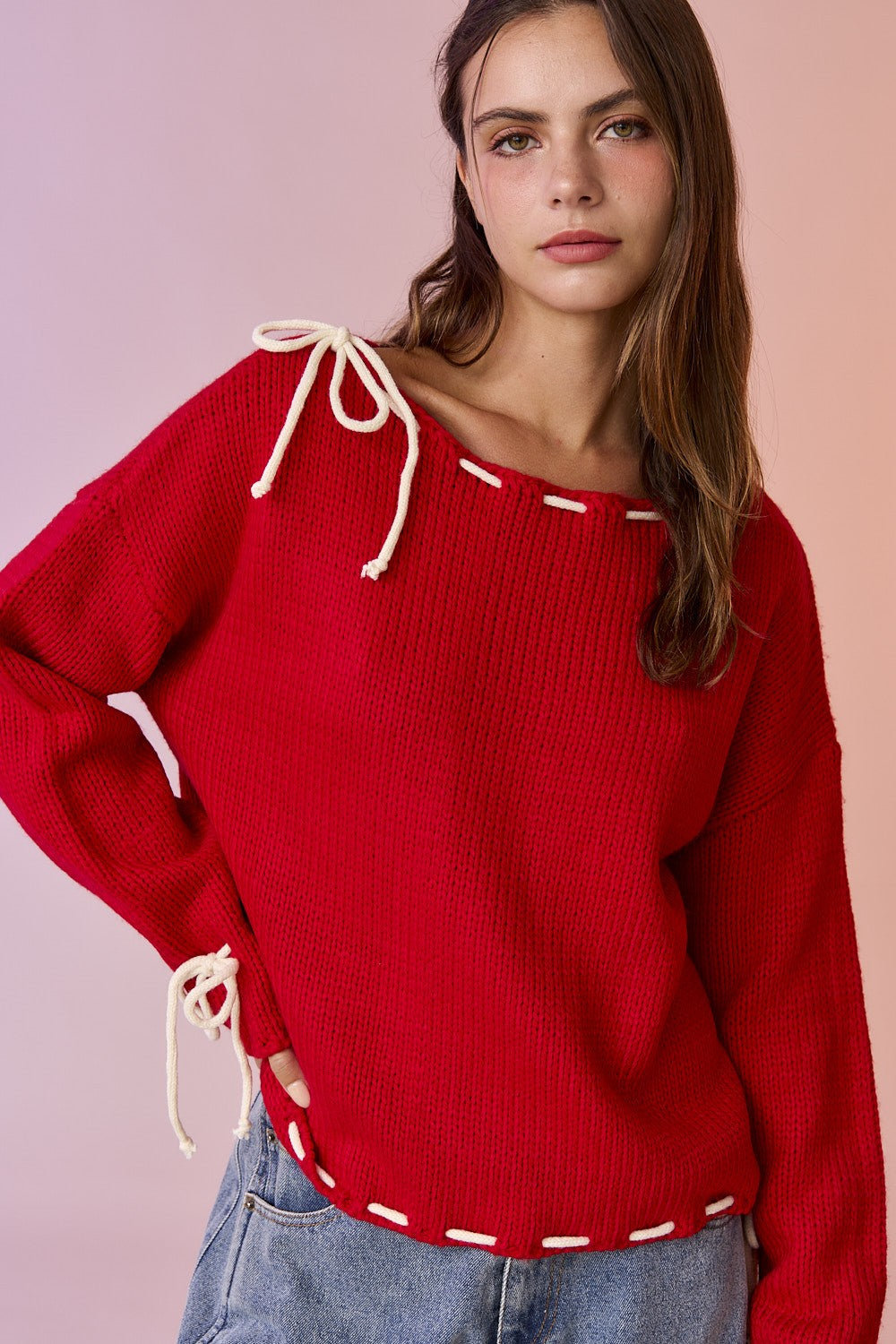 Red Leah Contrast Stitching Bow Sweater