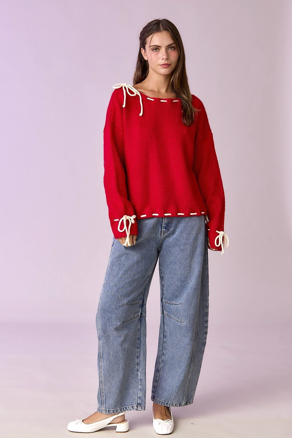 Red Leah Contrast Stitching Bow Sweater