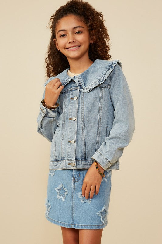 Girls Ruffle Collar Denim Jacket