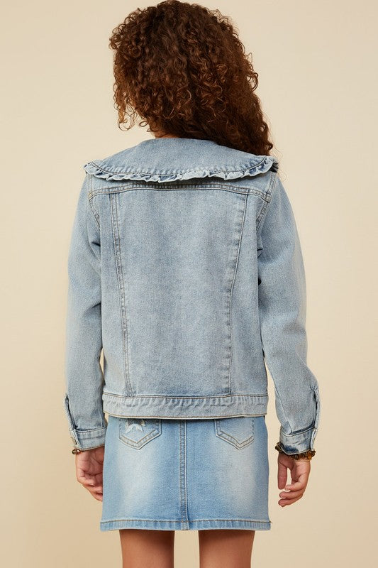 Girls Ruffle Collar Denim Jacket