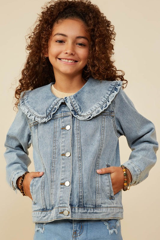 Girls Ruffle Collar Denim Jacket