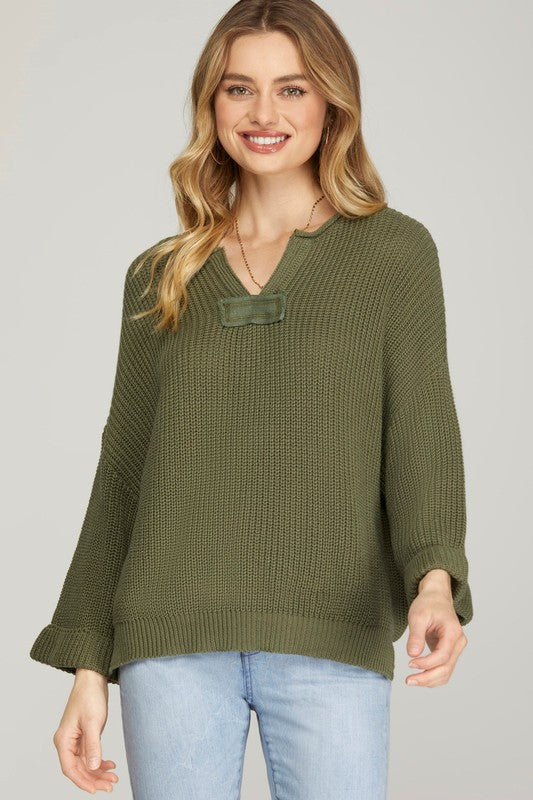 Olive V-Neck Pullover Sweater