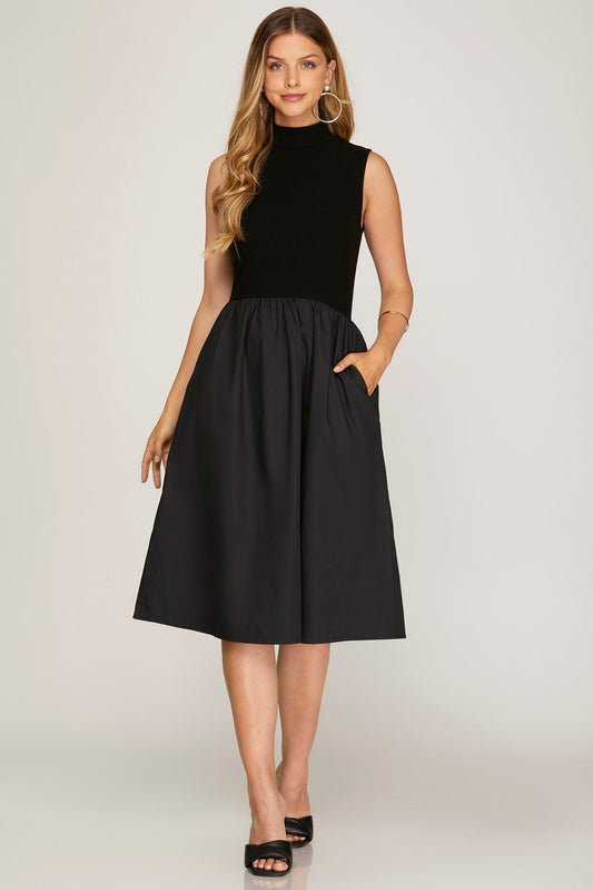 Black Sleeveless Midi Dress with Pockets