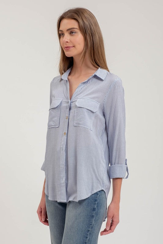 Navy Vertical Striped Button Down Top