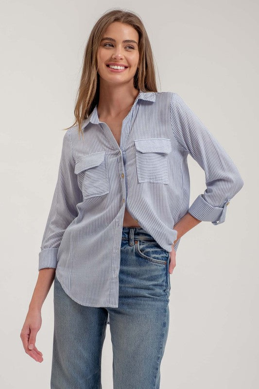 Navy Vertical Striped Button Down Top
