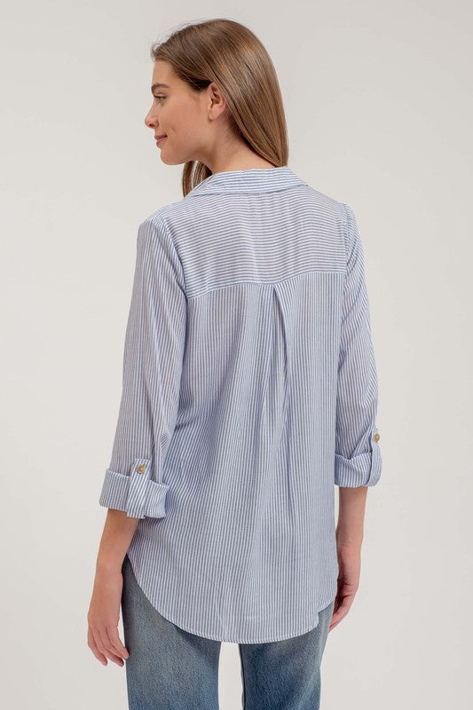 Navy Vertical Striped Button Down Top