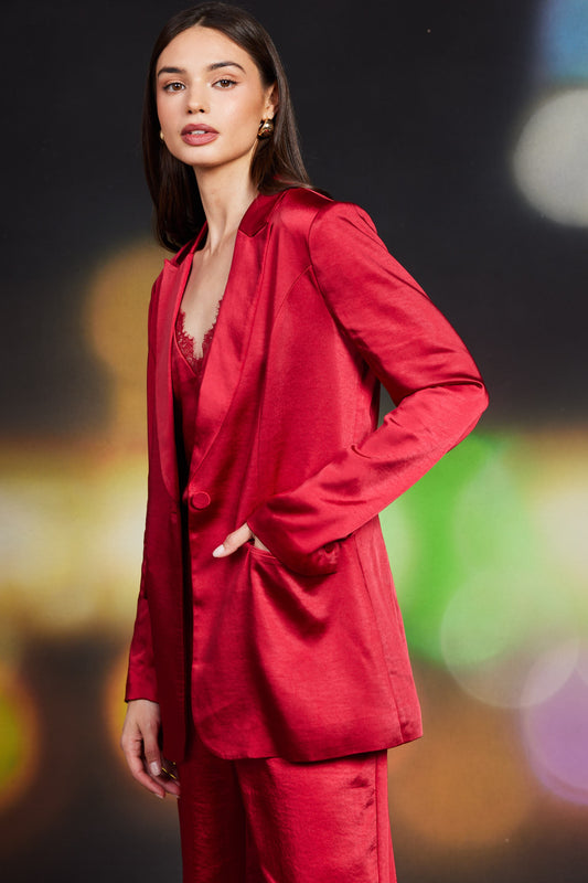 Deep Red One Button Satin Blazer