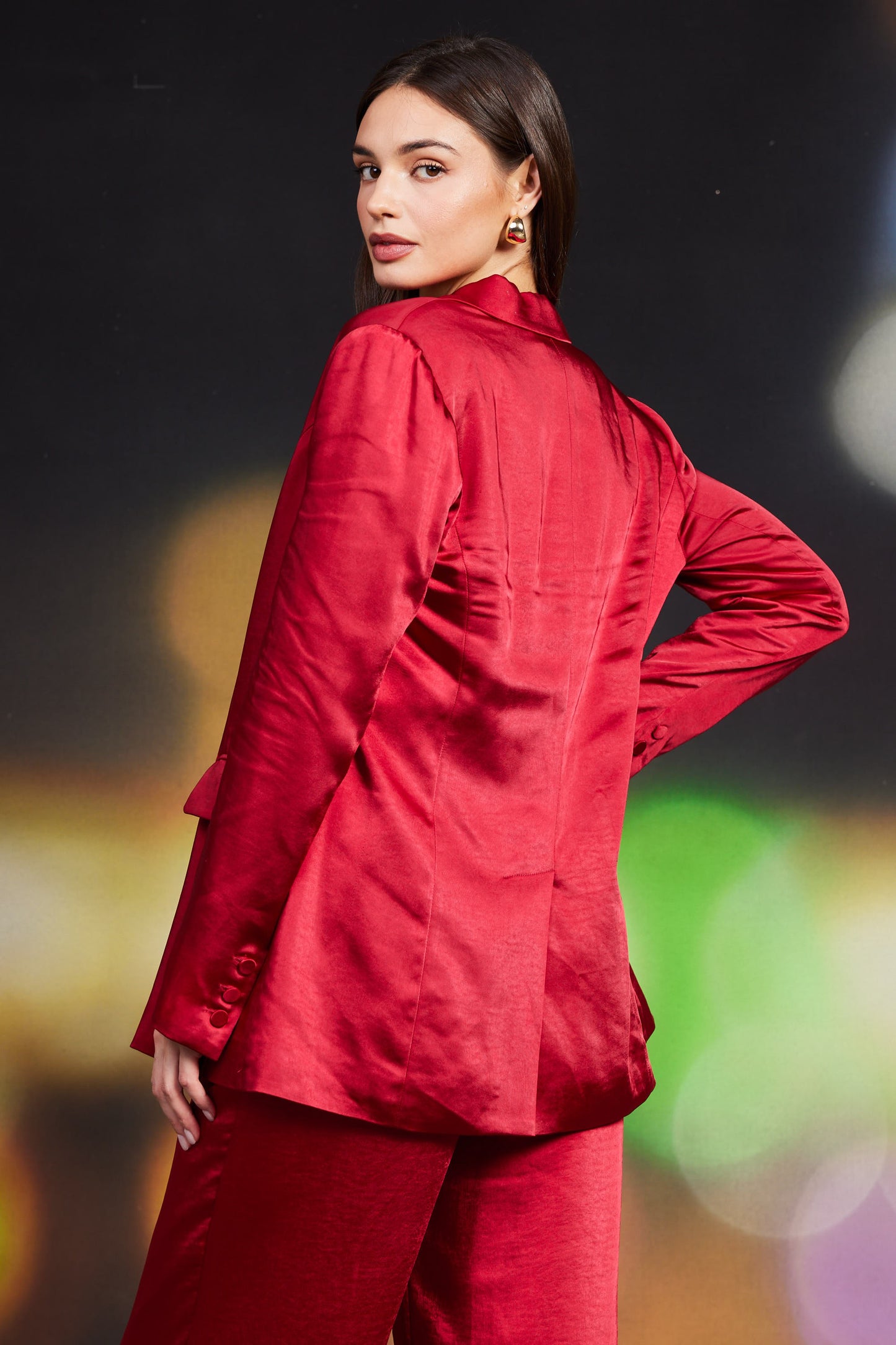Deep Red One Button Satin Blazer
