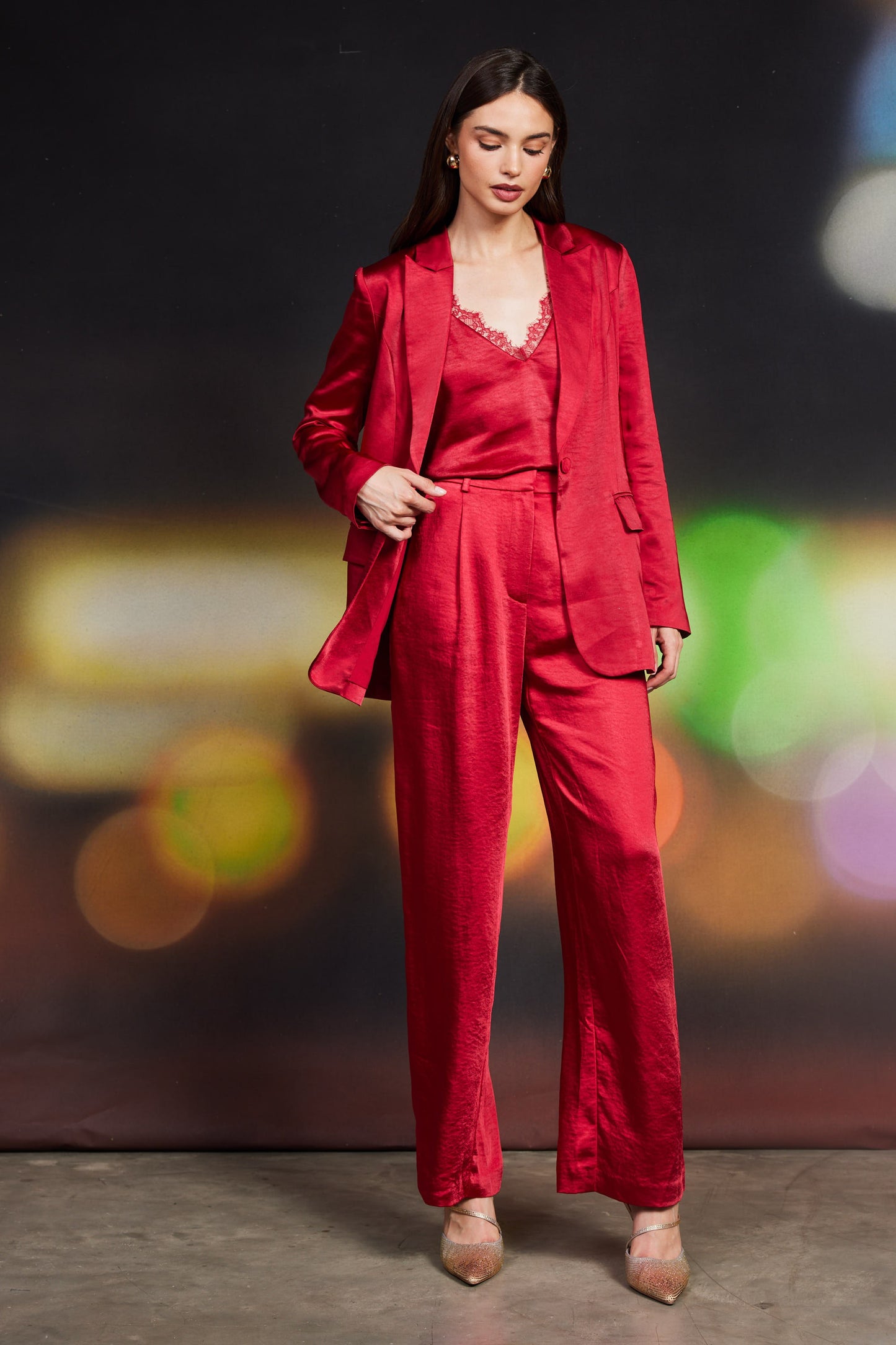 Deep Red One Button Satin Blazer