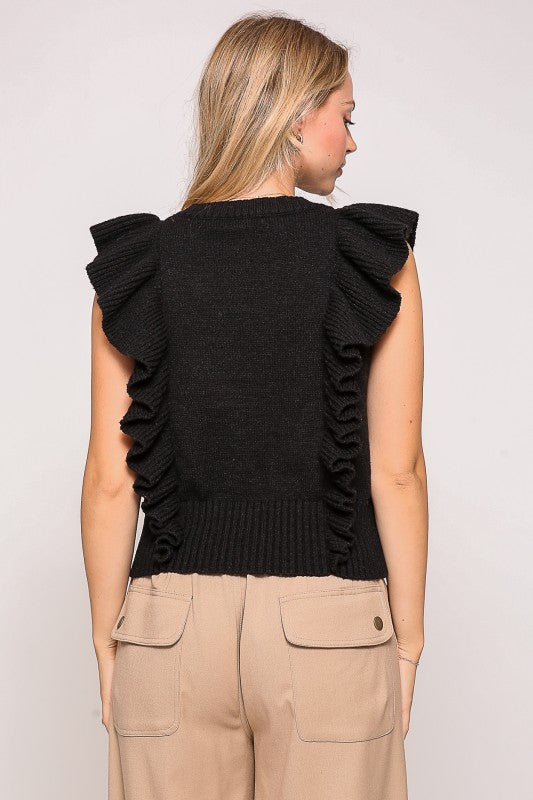 Black Cable Knit Ruffled Sweater Vest