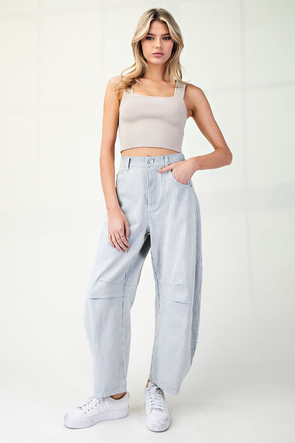 Pinstriped Barrel Jeans