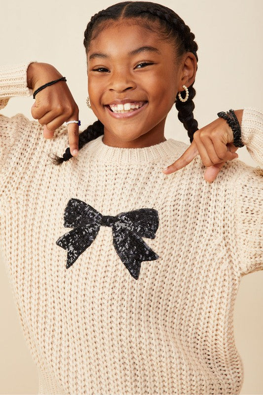Girls Ivory Sweater with Sequin Bow