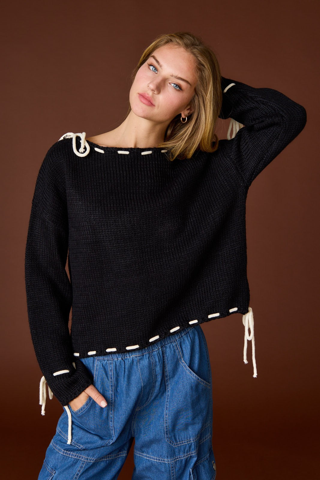 Black Leah Contrast Stitching Bow Sweater