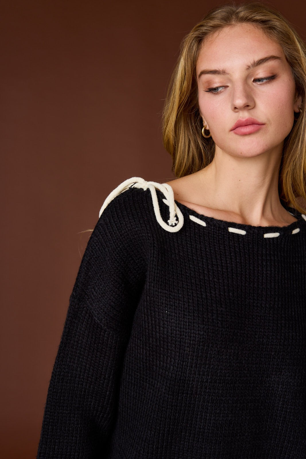 Black Leah Contrast Stitching Bow Sweater