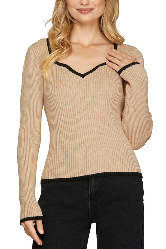 Taupe & Black Sweetheart Neck Sweater