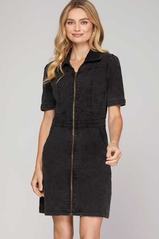 Black Front Zip Washed Dress