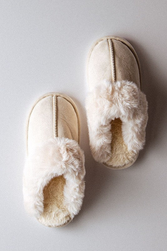 Cream Fuzzy Textured Suede Indoor House Mules