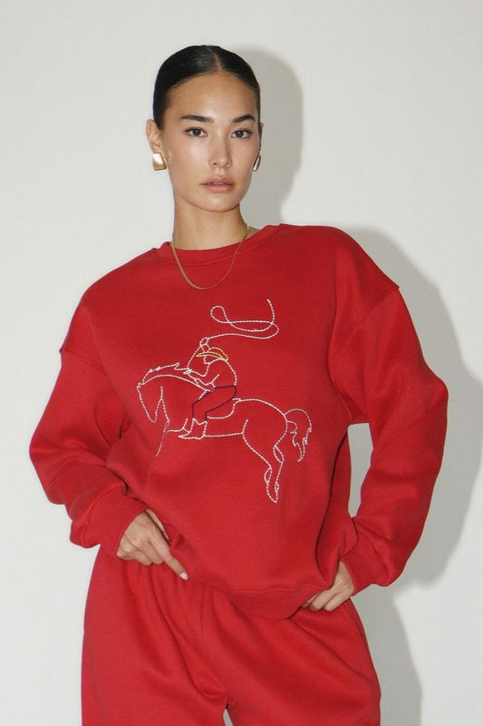 Red Embroidered Roping Horse Sweatshirt