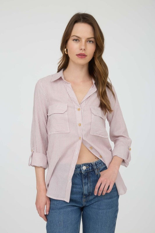 Bugundy Vertical Striped Button Down Top