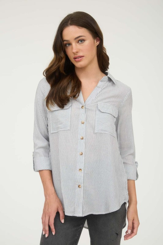 Black Vertical Striped Button Down Top
