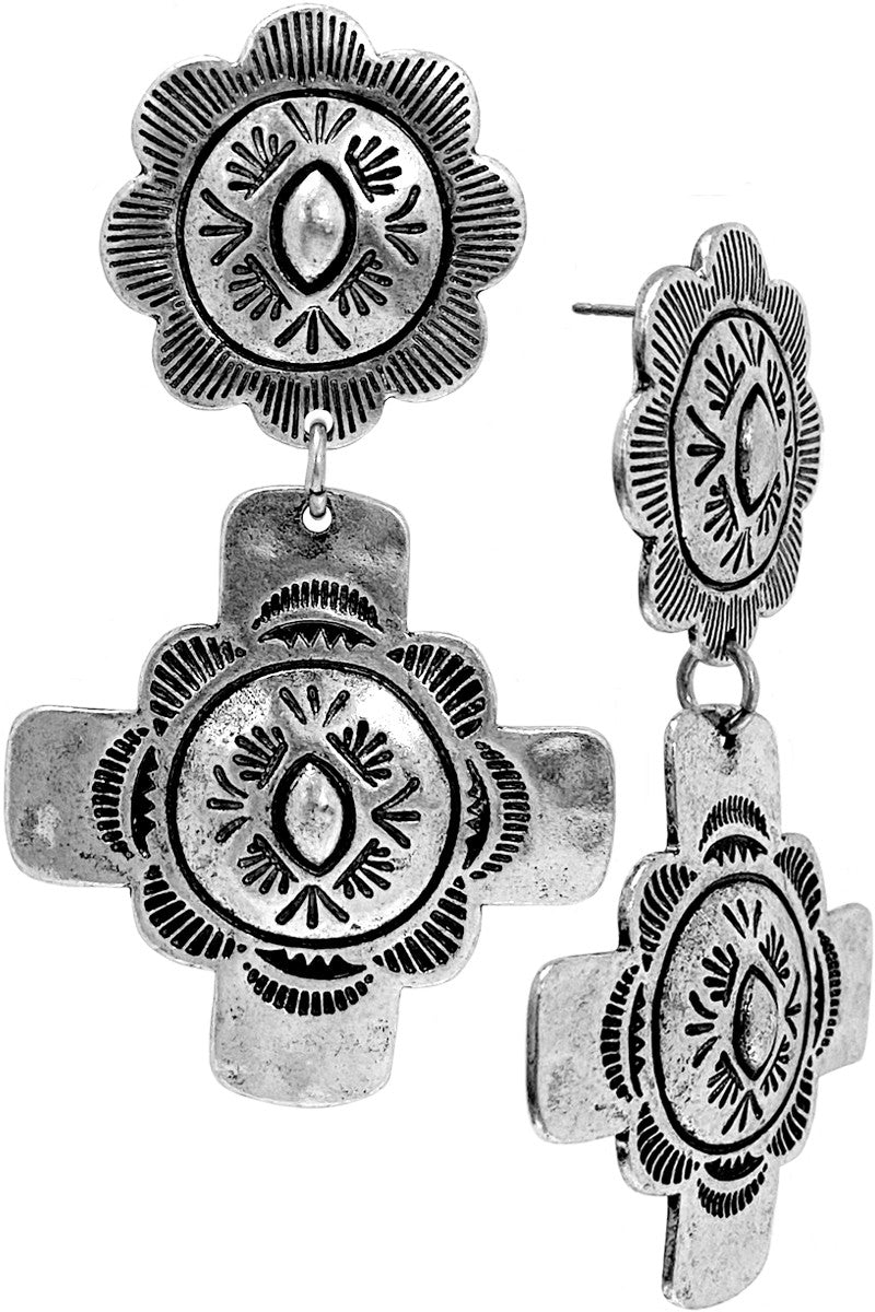 Stamped Concho & Cross Earring