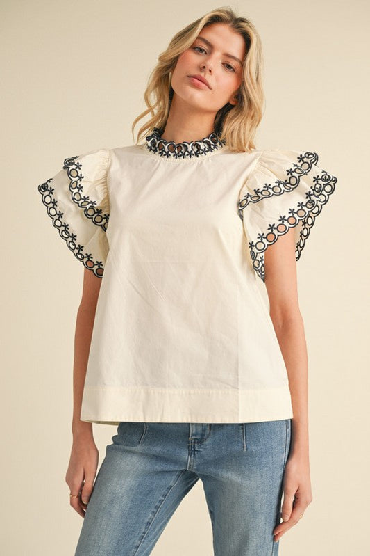 Ivory & Black Flutter Sleeve Top With Lace Trim