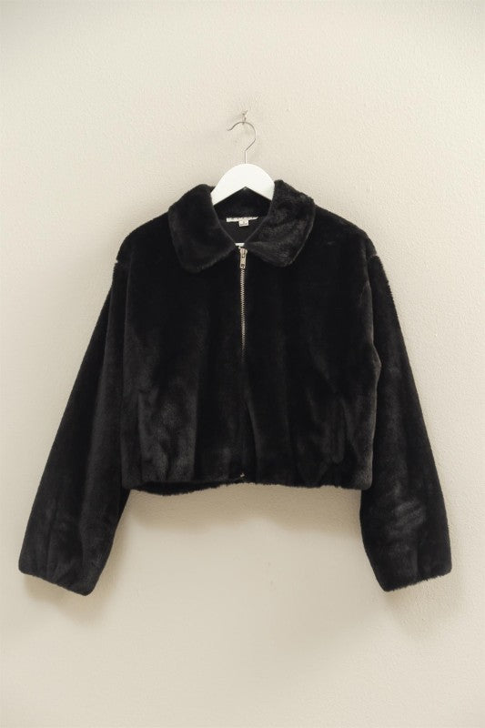 Black Faux Fur Collared Zip Up Jacket