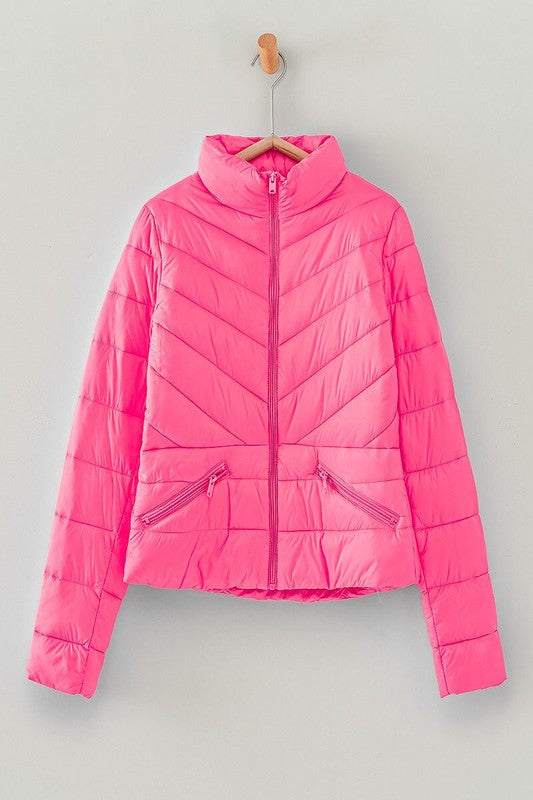 Pink Chevron Quilted Puffer Jacket