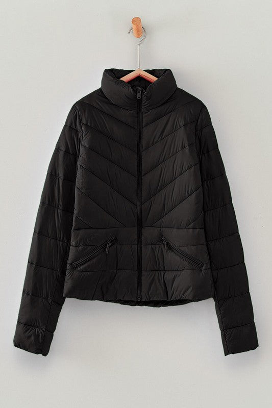 Black Chevron Quilted Puffer Jacket