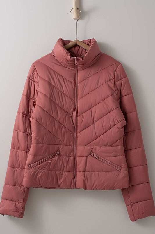 Terra Pink Chevron Quilted Puffer Jacket