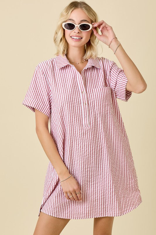 Red & White Striped Seersucker Shirt Dress