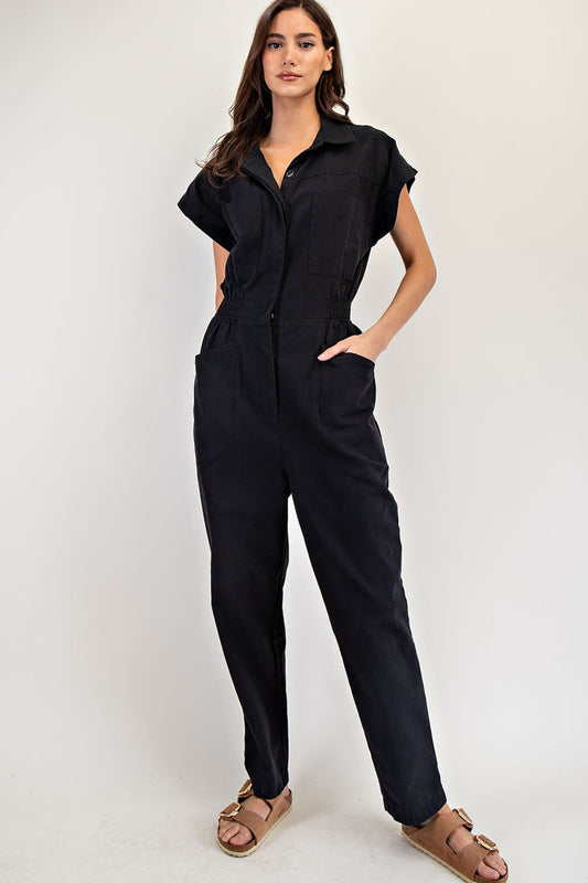 Black Short Sleeve Smock Jumpsuit