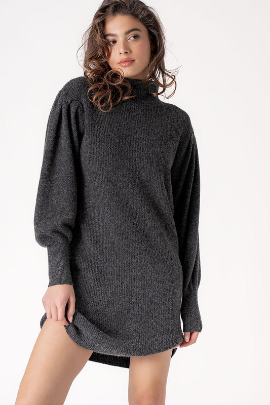 Balloon Sleeves Mock Neck  Sweater Dress