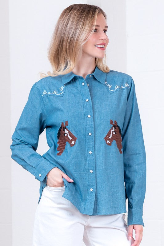 Denim Horse Embroidered Snap Button Top