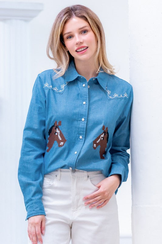 Denim Horse Embroidered Snap Button Top