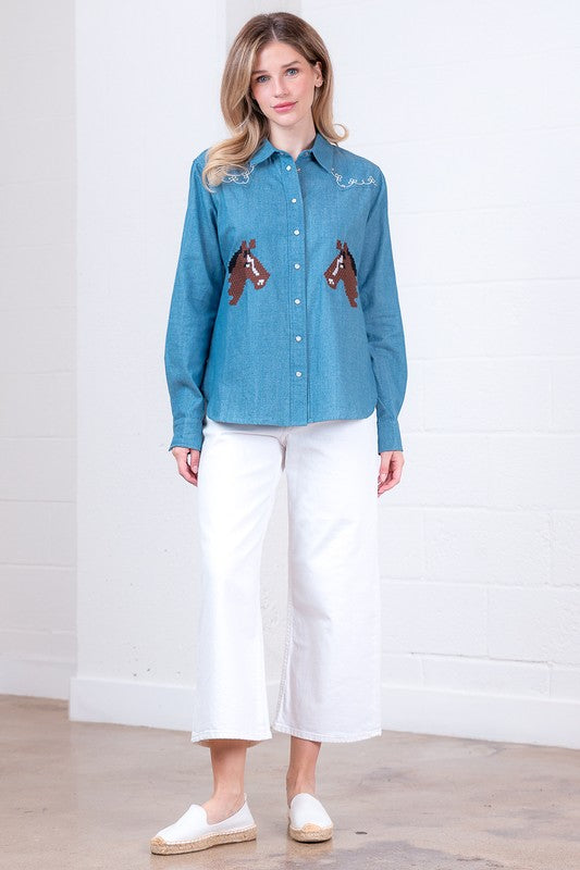 Denim Horse Embroidered Snap Button Top