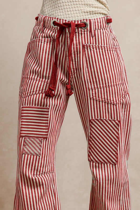 Red Striped Twill Barrel Pants