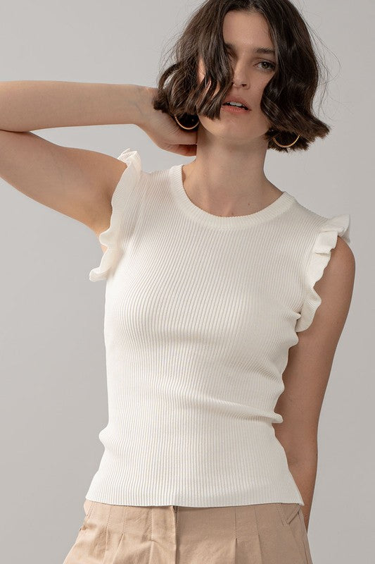 White Ruffled Cap Sleeve Tank Top