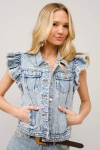 Ruffle Sleeve Button Up Denim Vest