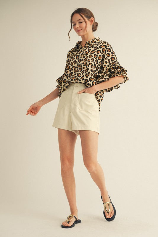 Ruffled Sleeve Leopard Top