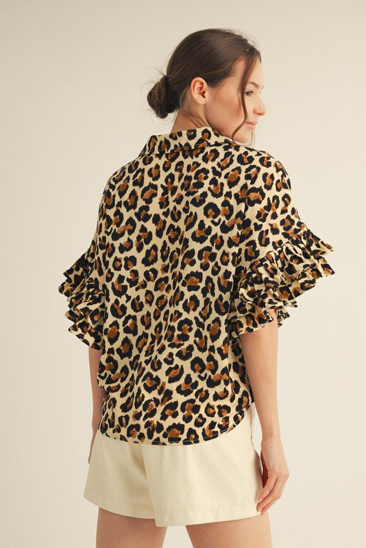 Ruffled Sleeve Leopard Top