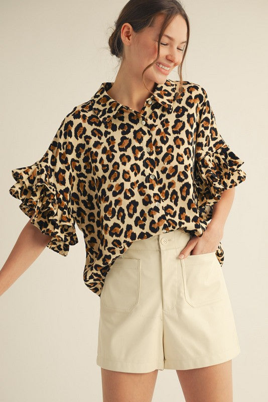 Ruffled Sleeve Leopard Top