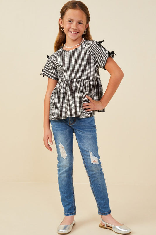 Girls Contrast Ribbon Gingham Babydoll Top