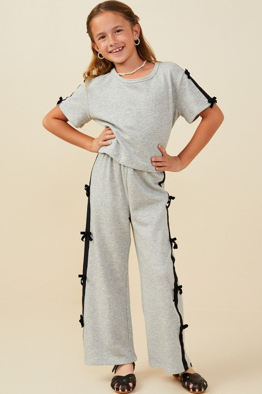 Girls Bow Trim Terry Pant Set