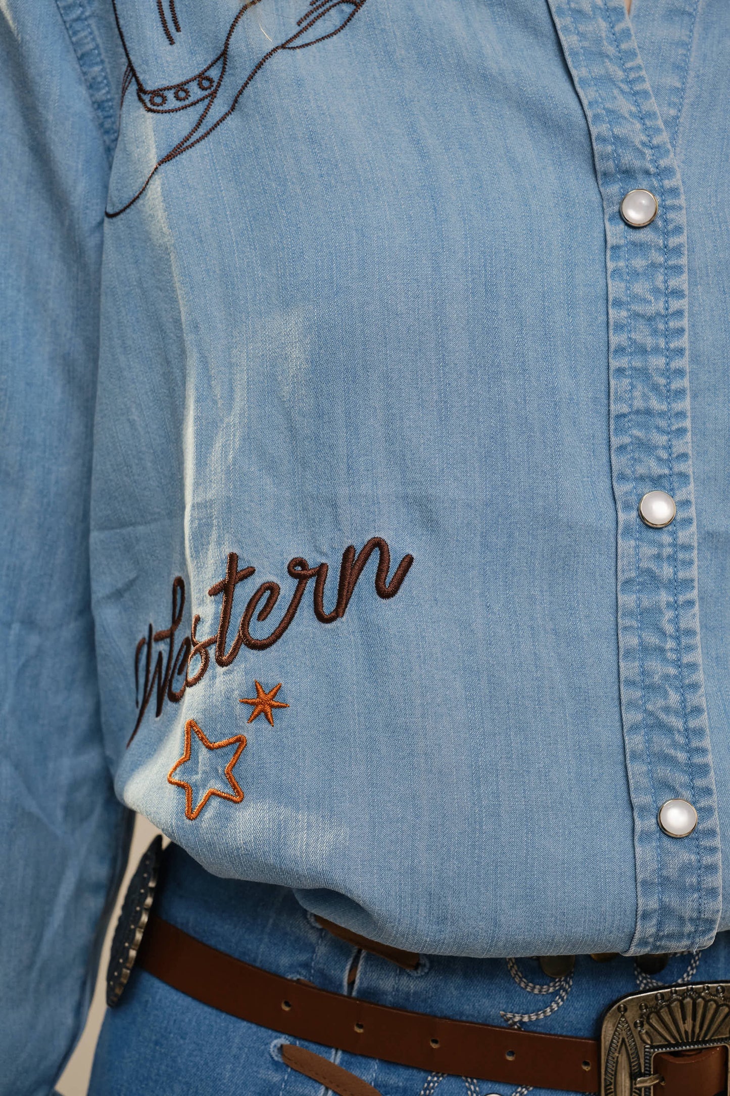 Washed Denim Western Embroidered Snap Button Top