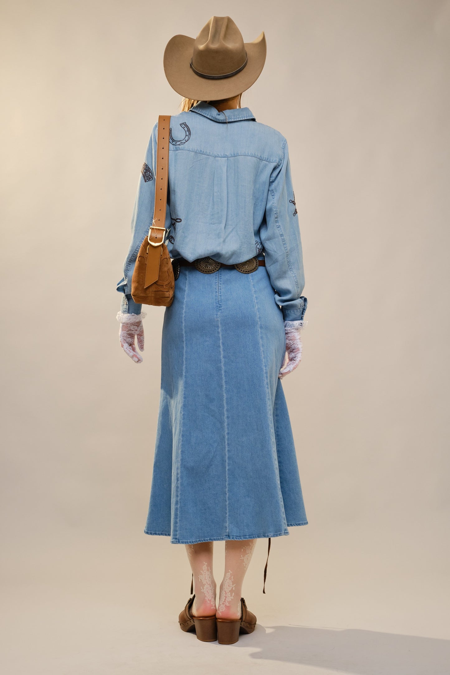 Washed Denim Western Embroidered Snap Button Top